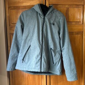 Grey soft shell The North Face women’s L coat. NOTE right hand zipper is broken!